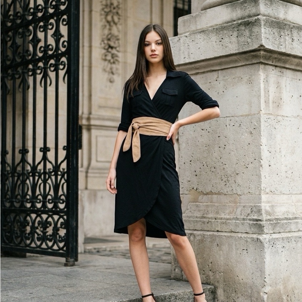 Diane Von Furstenberg Black Wrap Midi Dress with Tan Waist Tie